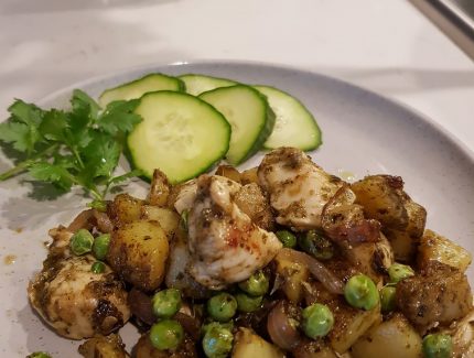Coriander Chicken Tenderloins with Peas and Potatoes