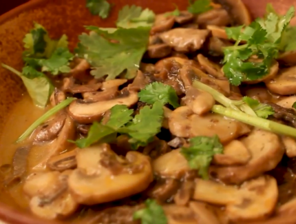 Mushrooms with Eggplant Kasaundi Chutney (Video)